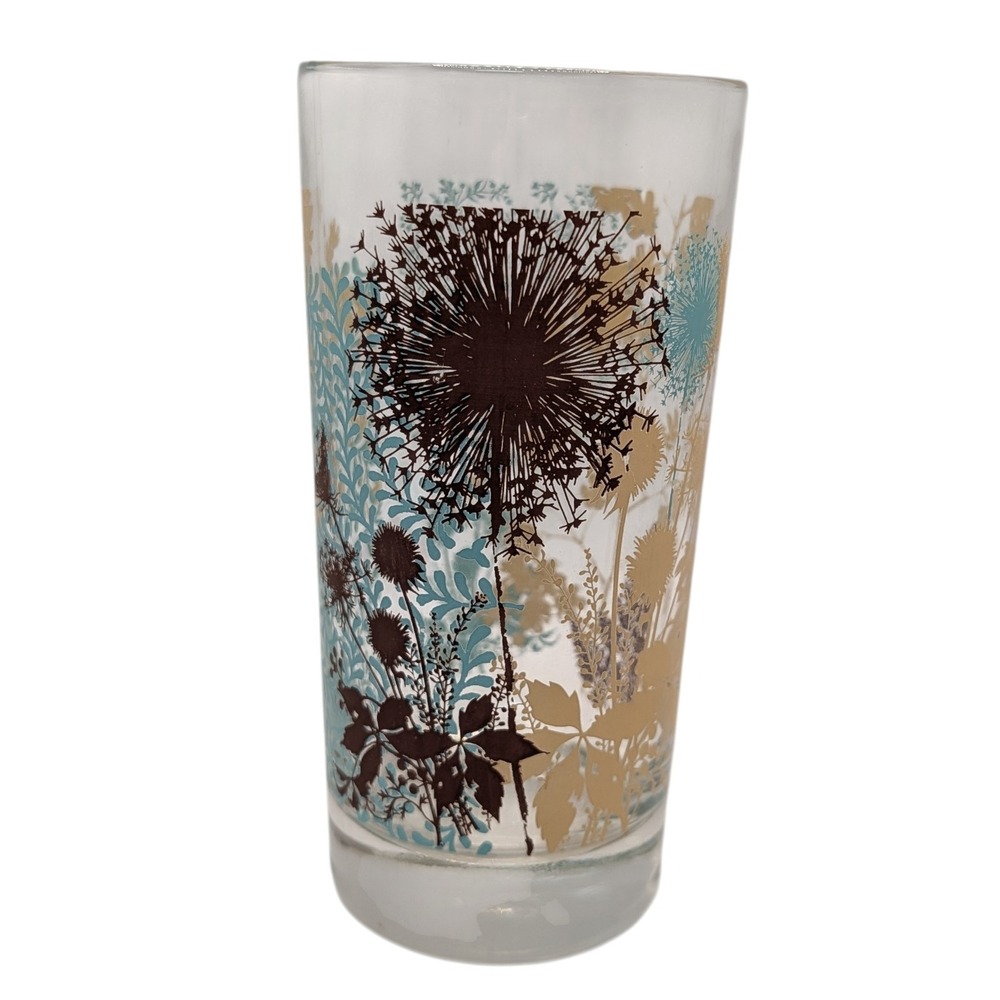 Vintage Libbey Water Glass Gold Brown Blue Floral Design Mid‎ Century Modern